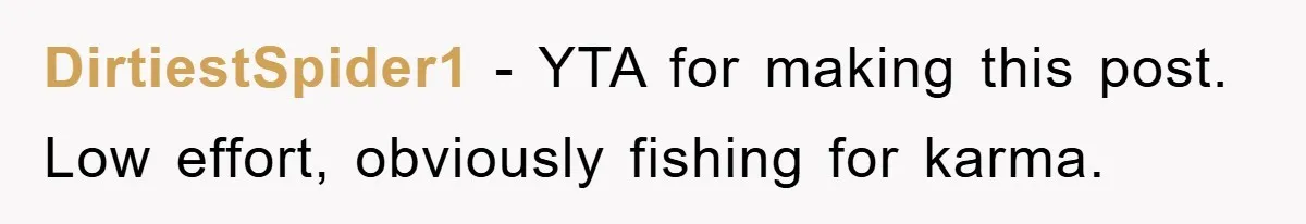 DirtiestSpider1 − YTA for making this post. Low effort, obviously fishing for karma.