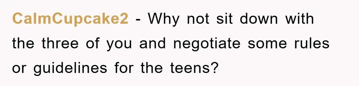 CalmCupcake2 − Why not sit down with the three of you and negotiate some rules or guidelines for the teens?