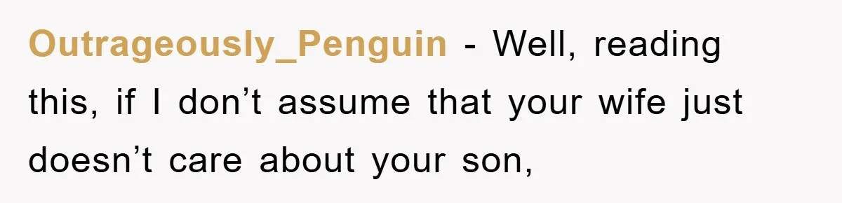 Outrageously_Penguin − Well, reading this, if I don’t assume that your wife just doesn’t care about your son,