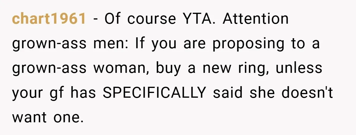 chart1961 − Of course YTA. Attention grown-ass men: If you are proposing to a grown-ass woman, buy a new ring, unless your gf has SPECIFICALLY said she doesn't want one.