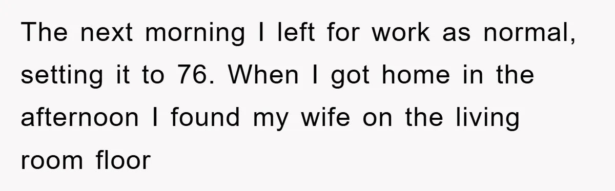 The next morning I left for work as normal, setting it to 76. When I got home in the afternoon I found my wife on the living room floor