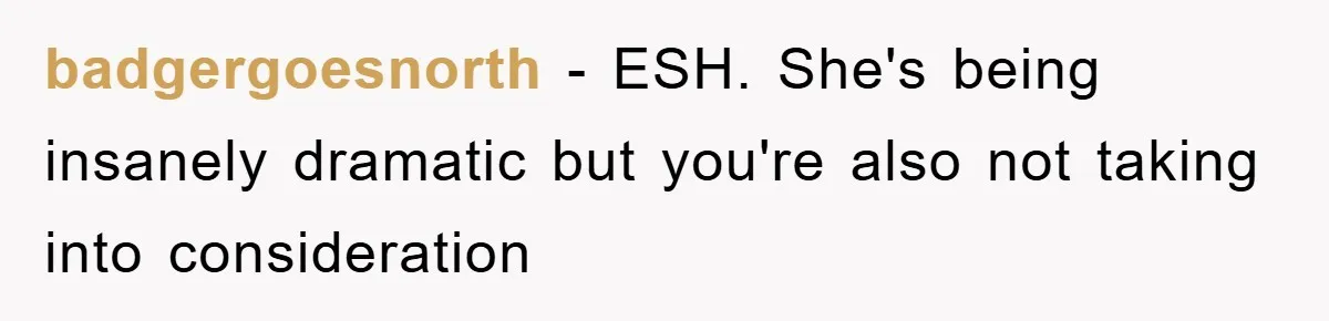 badgergoesnorth − ESH. She's being insanely dramatic but you're also not taking into consideration