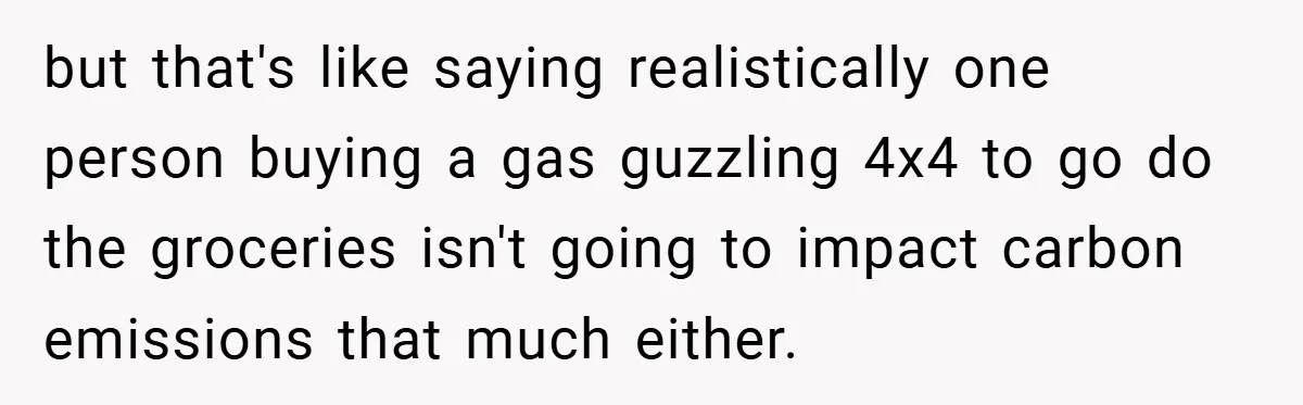 but that's like saying realistically one person buying a gas guzzling 4x4 to go do the groceries isn't going to impact carbon emissions that much either.