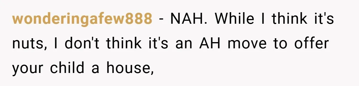 wonderingafew888 − NAH. While I think it's nuts, I don't think it's an AH move to offer your child a house,