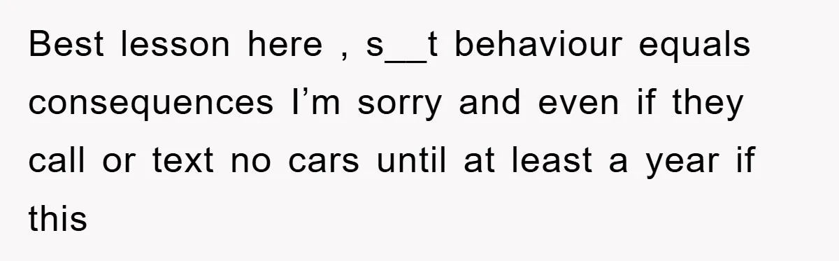 Best lesson here , s__t behaviour equals consequences I’m sorry and even if they call or text no cars until at least a year if this