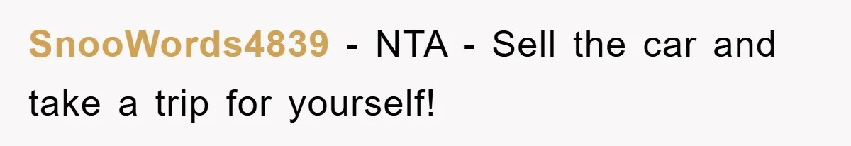 SnooWords4839 − NTA - Sell the car and take a trip for yourself!