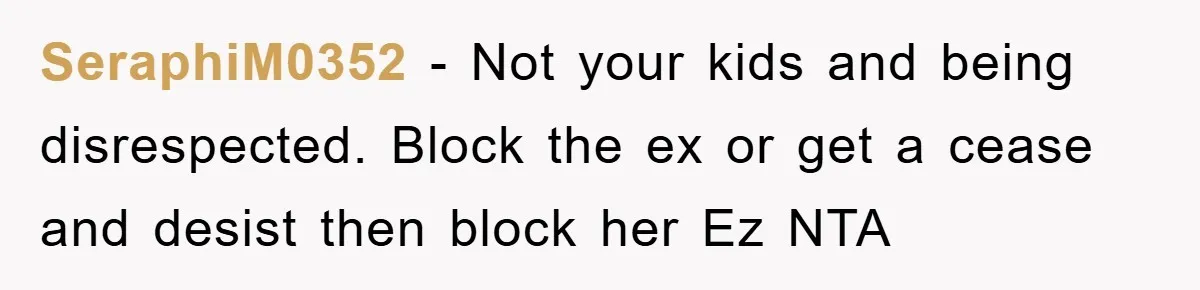 SeraphiM0352 − Not your kids and being disrespected. Block the ex or get a cease and desist then block her Ez NTA