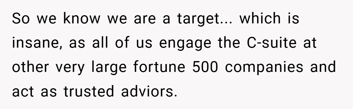 So we know we are a target... which is insane, as all of us engage the C-suite at other very large fortune 500 companies and act as trusted adviors.