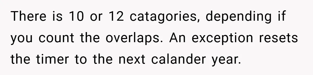 There is 10 or 12 catagories, depending if you count the overlaps. An exception resets the timer to the next calander year.
