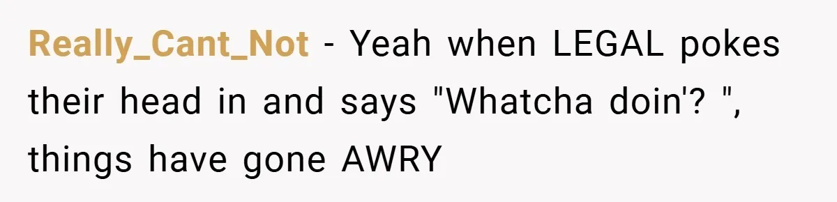 Really_Cant_Not − Yeah when LEGAL pokes their head in and says "Whatcha doin'? ", things have gone AWRY