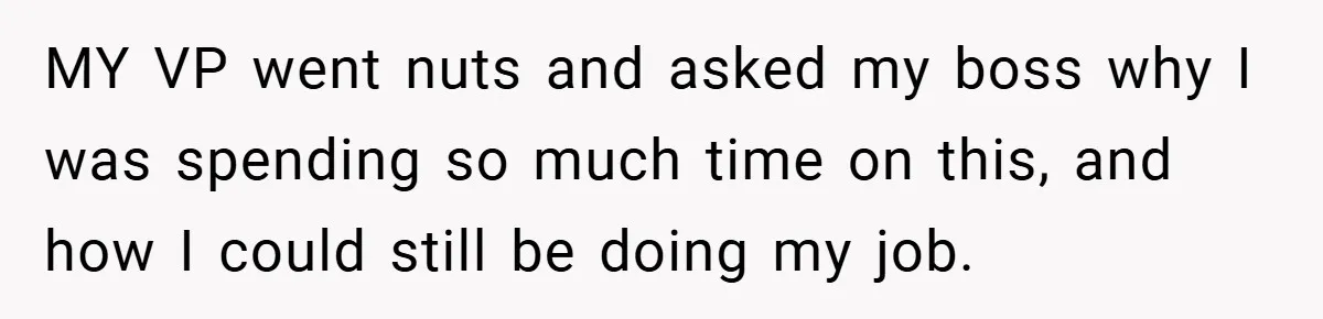 MY VP went nuts and asked my boss why I was spending so much time on this, and how I could still be doing my job.