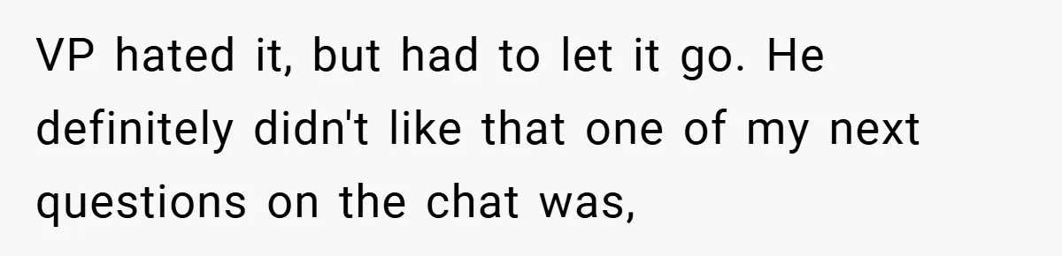 VP hated it, but had to let it go. He definitely didn't like that one of my next questions on the chat was,