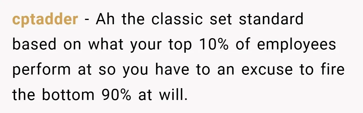 cptadder − Ah the classic set standard based on what your top 10% of employees perform at so you have to an excuse to fire the bottom 90% at will.