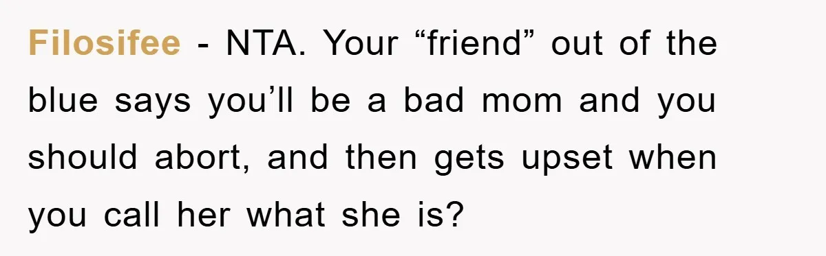 Her Friend Mocked Her Pregnancy, So She Delivered a Comeback Nobody Expected Filosifee − NTA. Your “friend” out of the blue says you’ll be a bad mom and you should abort, and then gets upset when you call her what she is?