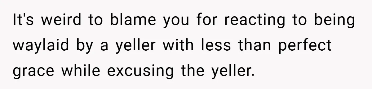It's weird to blame you for reacting to being waylaid by a yeller with less than perfect grace while excusing the yeller.