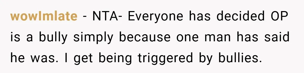 wowImlate − NTA- Everyone has decided OP is a bully simply because one man has said he was. I get being triggered by bullies.