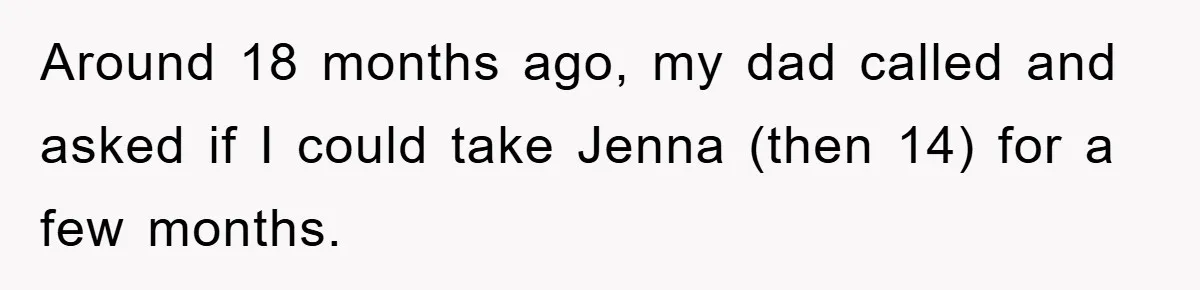 Around 18 months ago, my dad called and asked if I could take Jenna (then 14) for a few months.