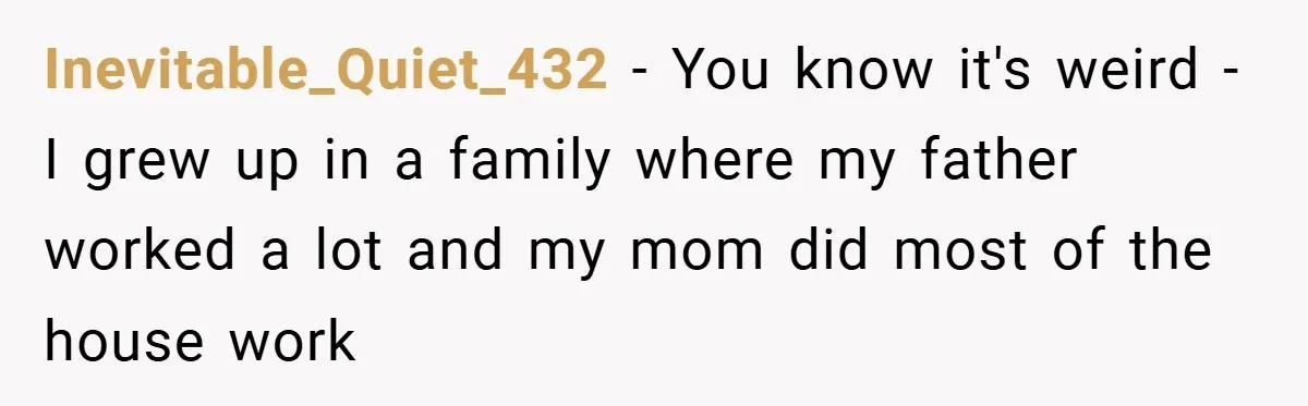 Inevitable_Quiet_432 − You know it's weird - I grew up in a family where my father worked a lot and my mom did most of the house work