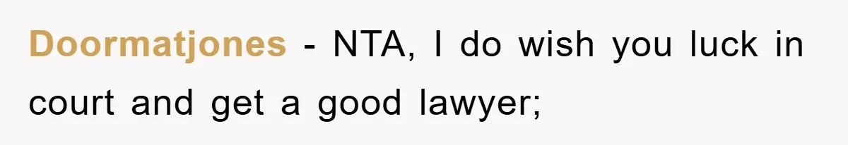 Doormatjones − NTA, I do wish you luck in court and get a good lawyer;