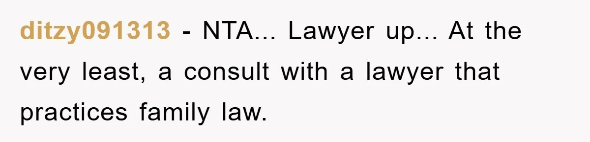 ditzy091313 − NTA... Lawyer up... At the very least, a consult with a lawyer that practices family law.