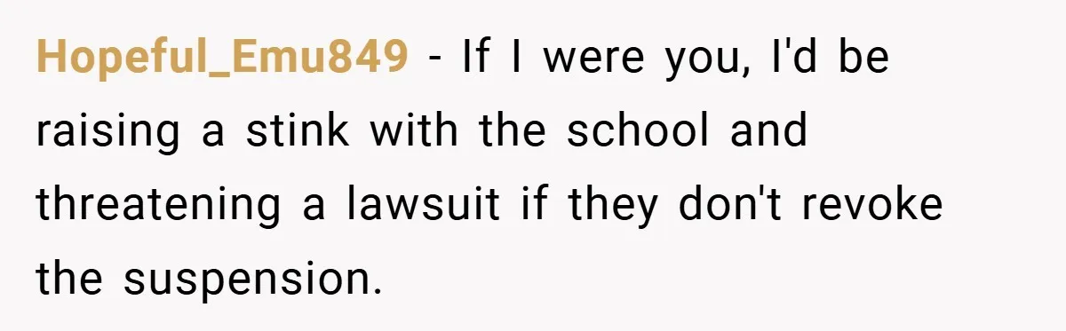 Hopeful_Emu849 − If I were you, I'd be raising a stink with the school and threatening a lawsuit if they don't revoke the suspension.