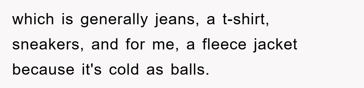 which is generally jeans, a t-shirt, sneakers, and for me, a fleece jacket because it's cold as balls.