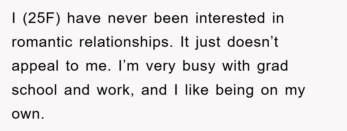 I (25F) have never been interested in romantic relationships. It just doesn’t appeal to me. I’m very busy with grad school and work, and I like being on my own.