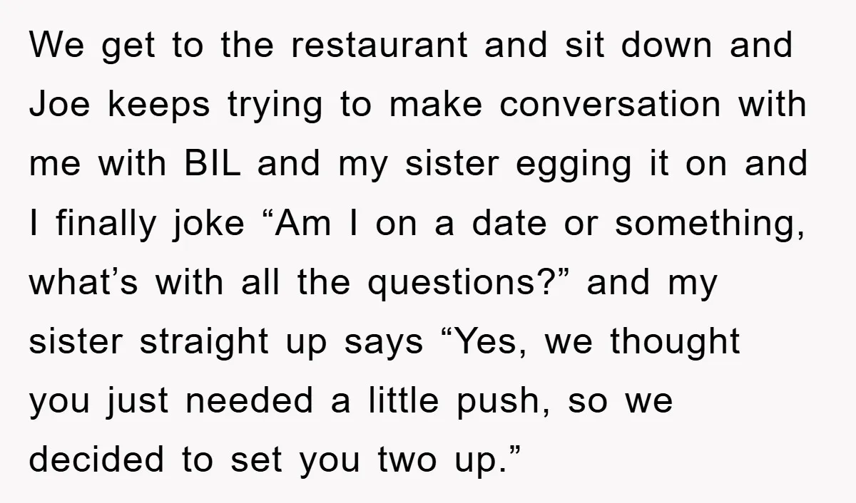 We get to the restaurant and sit down and Joe keeps trying to make conversation with me with BIL and my sister egging it on and I finally joke “Am...