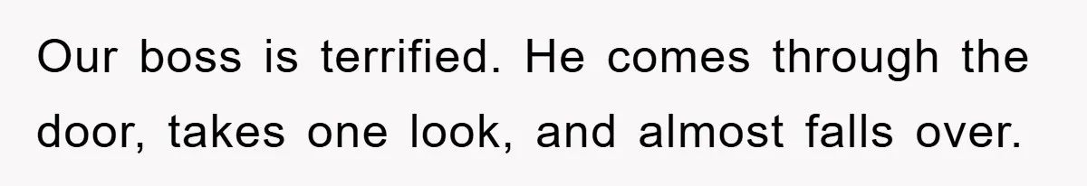 Our boss is terrified. He comes through the door, takes one look, and almost falls over.