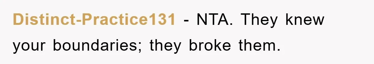 Distinct-Practice131 − NTA. They knew your boundaries; they broke them.