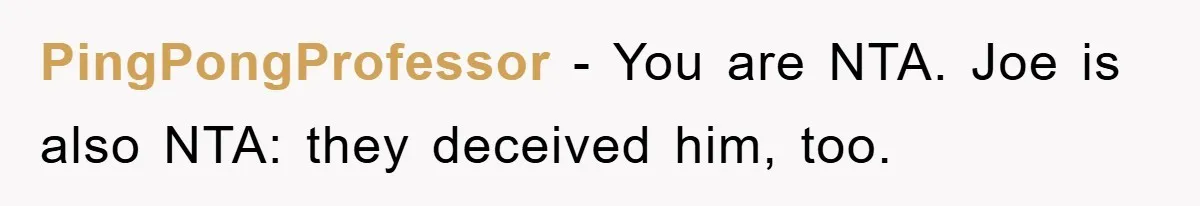PingPongProfessor − You are NTA. Joe is also NTA: they deceived him, too.