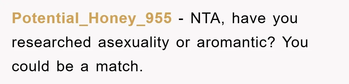 Potential_Honey_955 − NTA, have you researched asexuality or aromantic? You could be a match.
