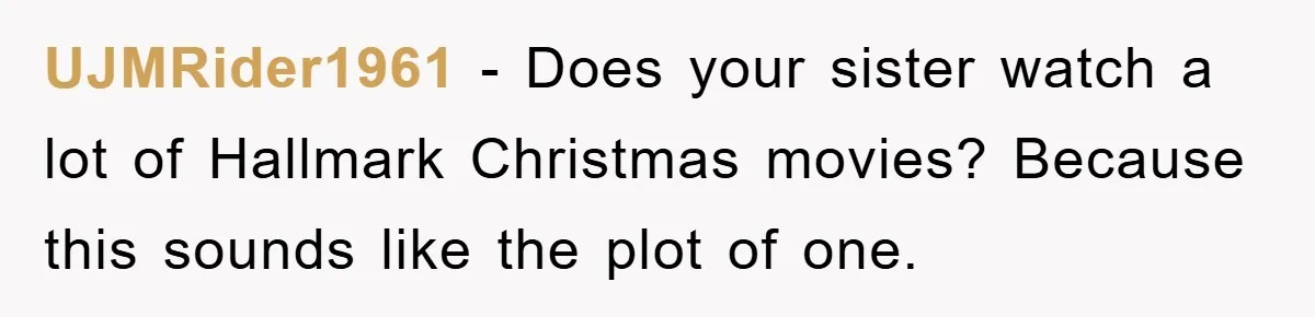 UJMRider1961 − Does your sister watch a lot of Hallmark Christmas movies? Because this sounds like the plot of one.