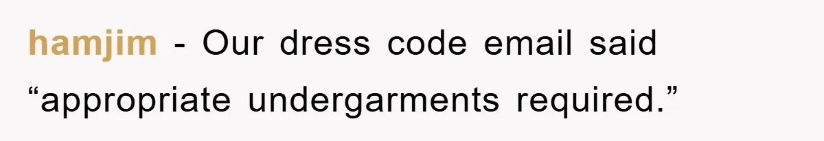 hamjim − Our dress code email said “appropriate undergarments required.”