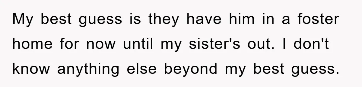 My best guess is they have him in a foster home for now until my sister's out. I don't know anything else beyond my best guess.