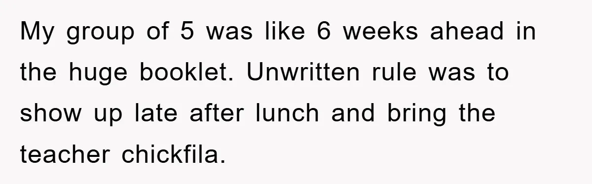 My group of 5 was like 6 weeks ahead in the huge booklet. Unwritten rule was to show up late after lunch and bring the teacher chickfila.