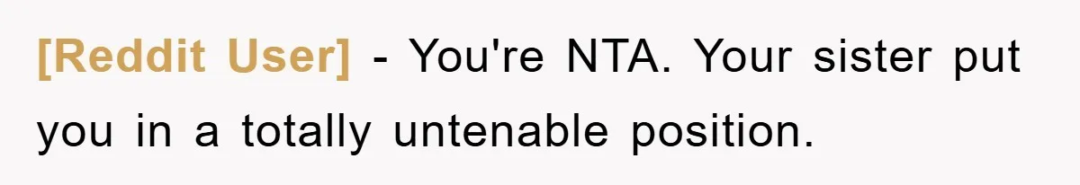 [Reddit User] − You're NTA. Your sister put you in a totally untenable position.