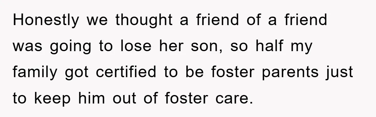 Honestly we thought a friend of a friend was going to lose her son, so half my family got certified to be foster parents just to keep him out of...