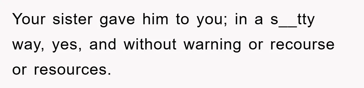 Your sister gave him to you; in a s__tty way, yes, and without warning or recourse or resources.