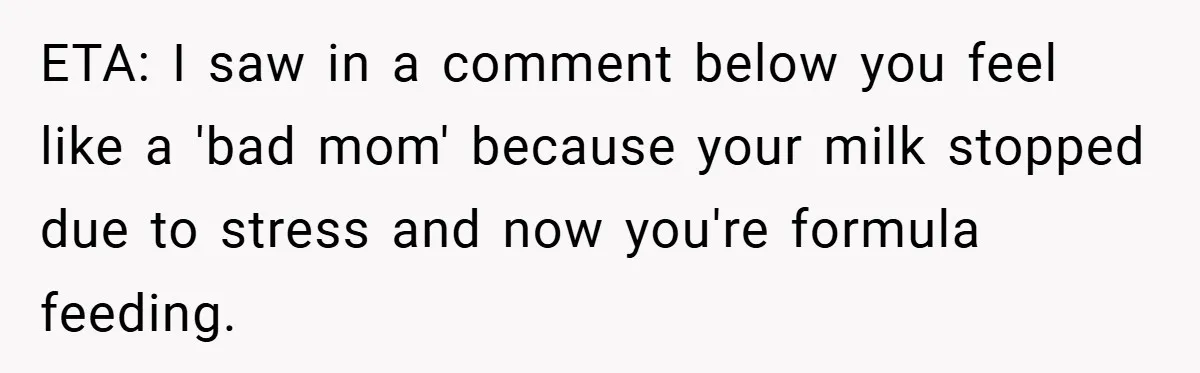 ETA: I saw in a comment below you feel like a 'bad mom' because your milk stopped due to stress and now you're formula feeding.