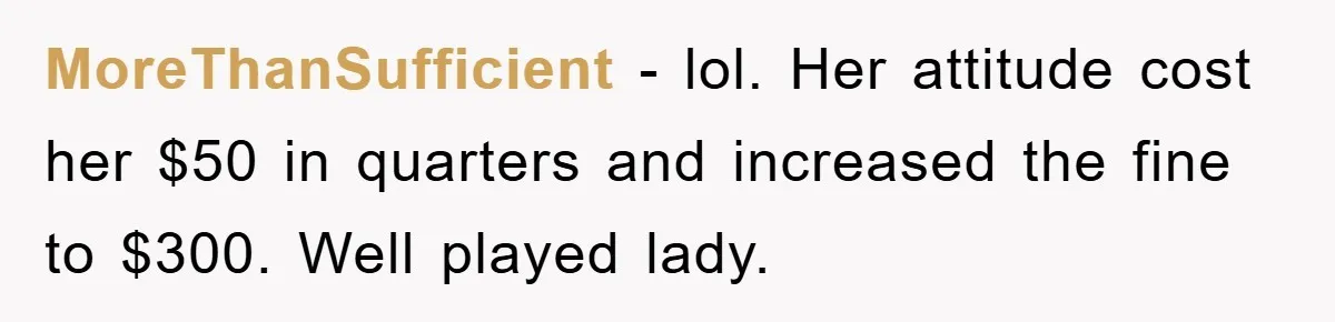 MoreThanSufficient − lol. Her attitude cost her $50 in quarters and increased the fine to $300. Well played lady.