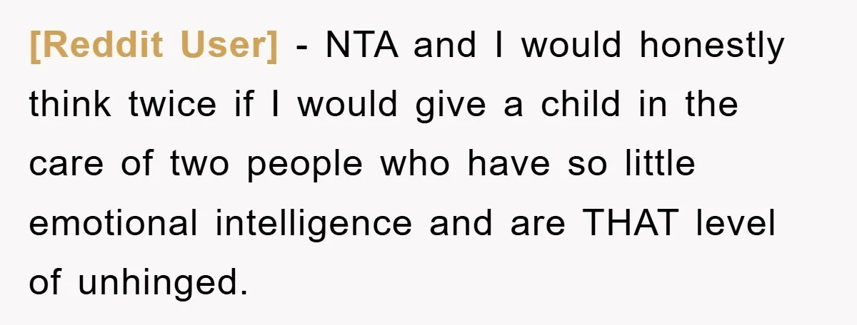 [Reddit User] − NTA and I would honestly think twice if I would give a child in the care of two people who have so little emotional intelligence and are...