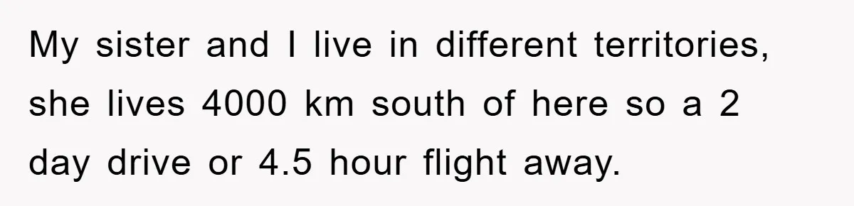 My sister and I live in different territories, she lives 4000 km south of here so a 2 day drive or 4.5 hour flight away.