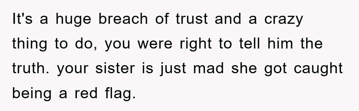 It's a huge breach of trust and a crazy thing to do, you were right to tell him the truth. your sister is just mad she got caught being a...