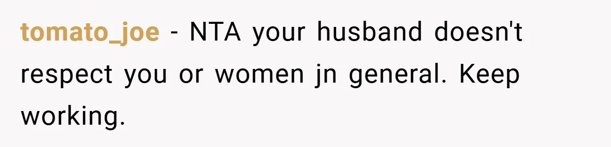 tomato_joe − NTA your husband doesn't respect you or women jn general. Keep working.