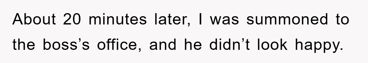 About 20 minutes later, I was summoned to the boss’s office, and he didn’t look happy.