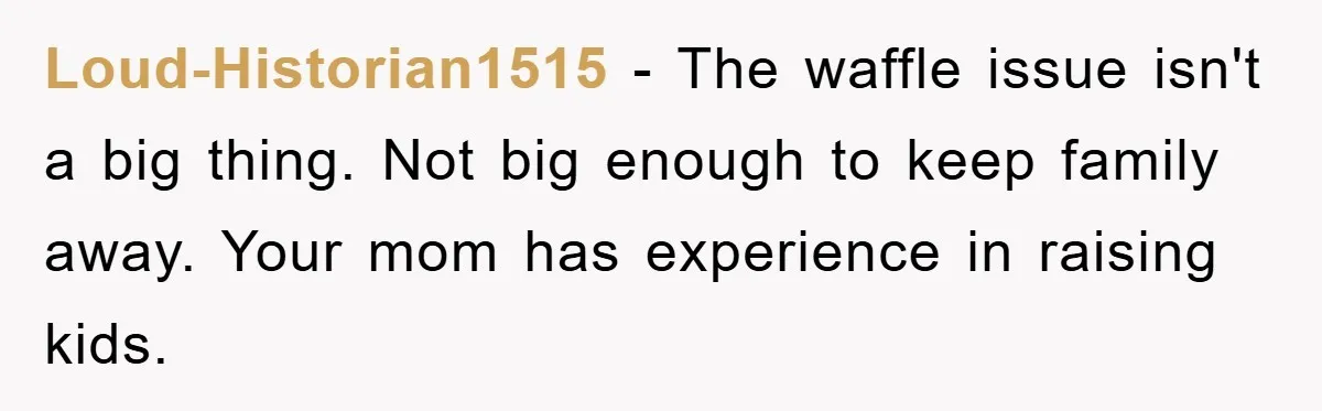Loud-Historian1515 - The waffle issue isn't a big thing. Not big enough to keep family away. Your mom has experience in raising kids.