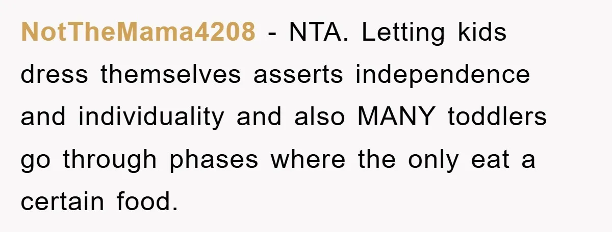 NotTheMama4208 - NTA. Letting kids dress themselves asserts independence and individuality and also MANY toddlers go through phases where the only eat a certain food.