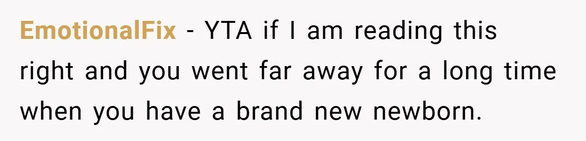 EmotionalFix − YTA if I am reading this right and you went far away for a long time when you have a brand new newborn.