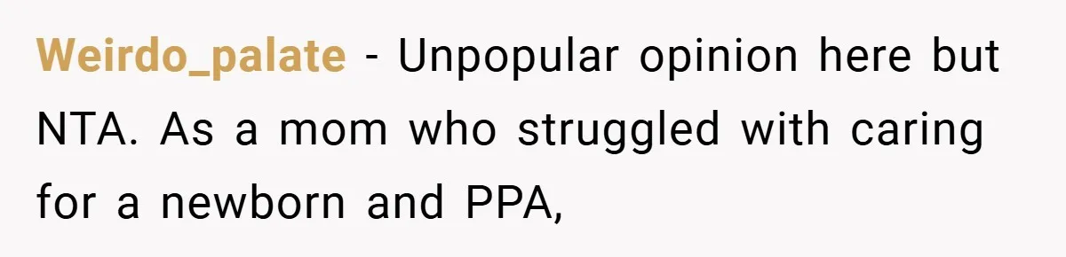Weirdo_palate − Unpopular opinion here but NTA. As a mom who struggled with caring for a newborn and PPA,